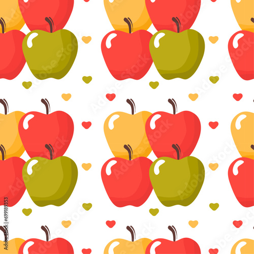 Seamless polka dot, symmetrical pattern of drawn apples, hearts