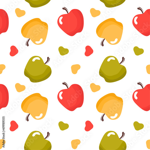 Seamless polka dot, symmetrical pattern of drawn apples, hearts