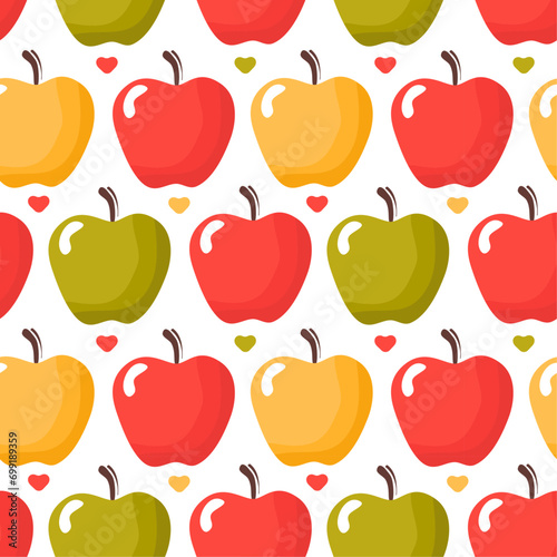 Fototapeta Naklejka Na Ścianę i Meble -  Seamless polka dot, symmetrical pattern of drawn apples, hearts