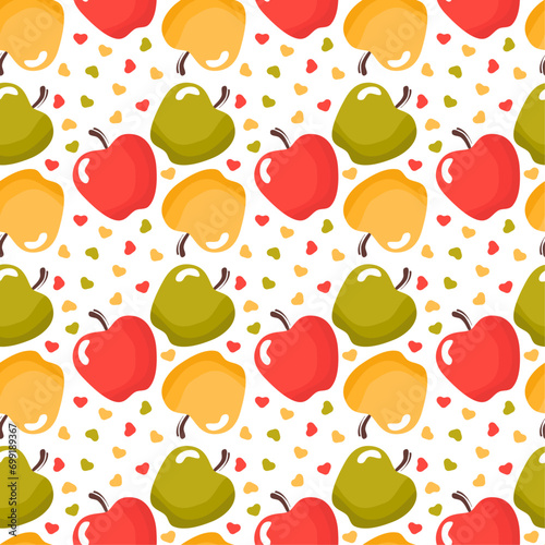 Seamless polka dot, symmetrical pattern of drawn apples, hearts
