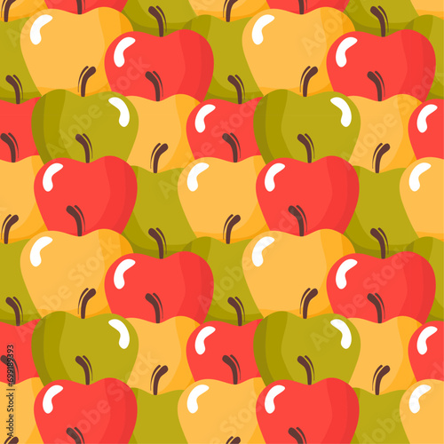 Seamless polka dot, symmetrical pattern of drawn apples, hearts