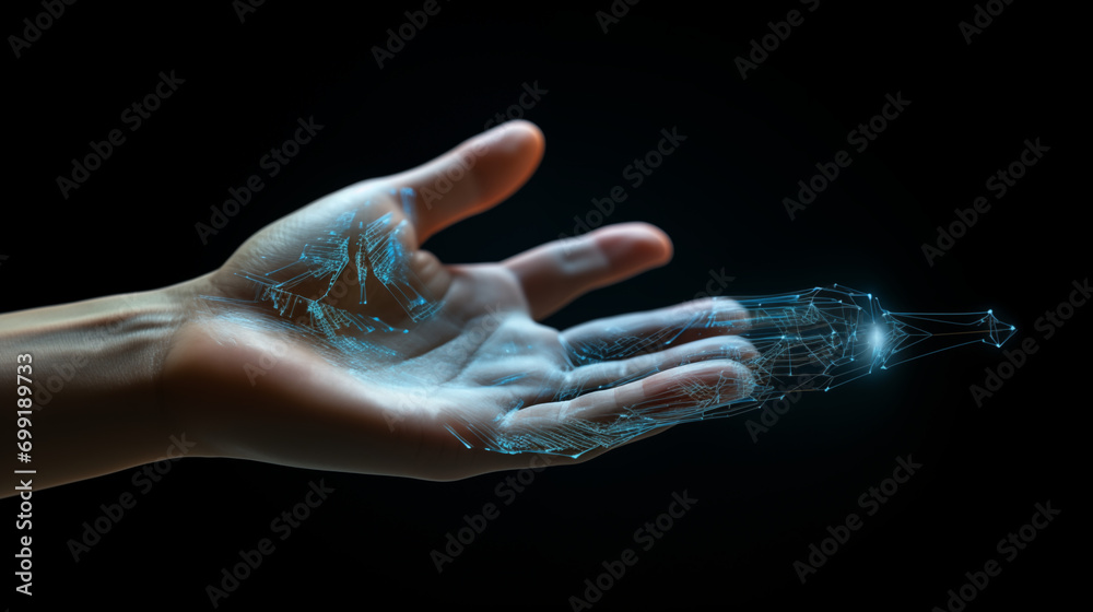 Obraz premium Digital hand hologram on dark background with copy space, Ai generated image.