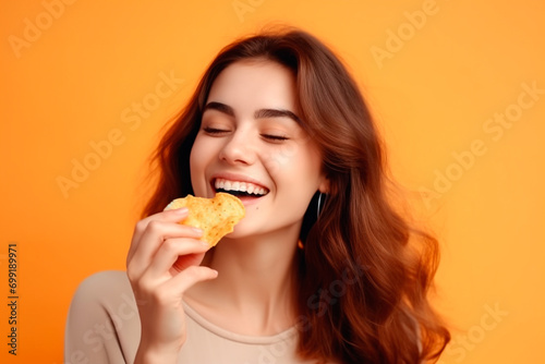 Cheerful beautiful girl happily eats chips on a yellow background  portrait