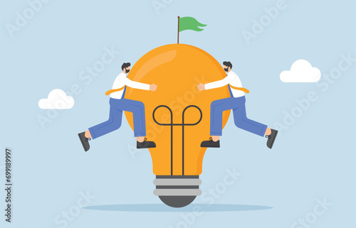 Pitching winner idea, disruption innovation or creativity to win business competition, business strategy or marketing concept,

