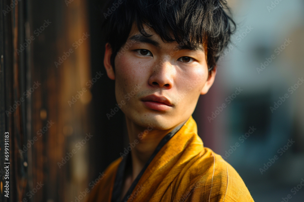 young asian guy walking through a noisy city young asian guy walking through a noisy city