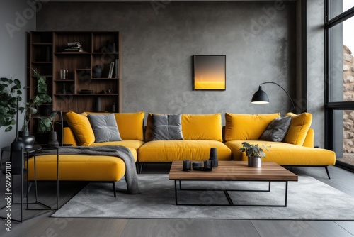 Living Room with Yellow Couch and Coffee Table