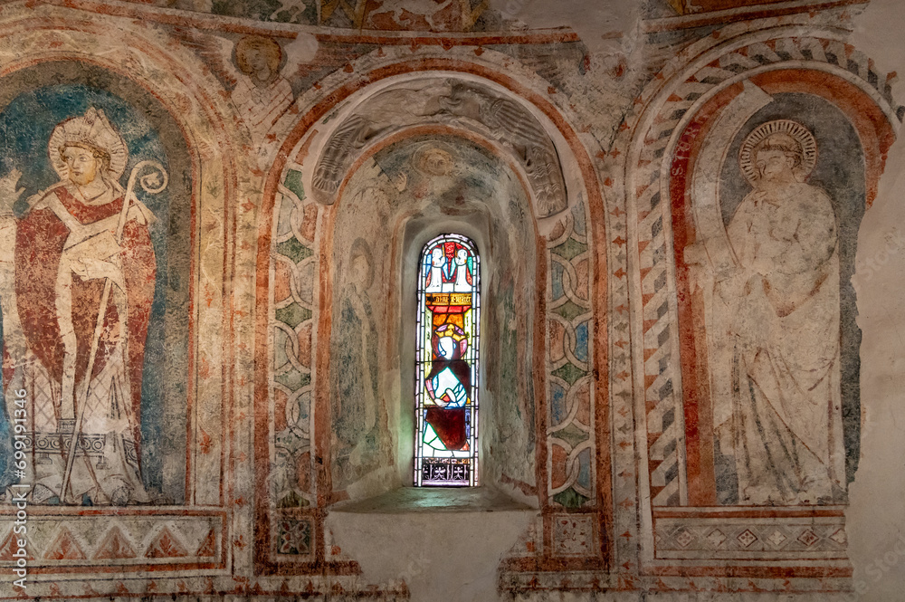 Tyrol Castle, Merano on South Tyrol, Trentino Alto Adige, Italy, June 14, 2023: interior of the Castle: lower chapel with Gothic wall paintings. Detail