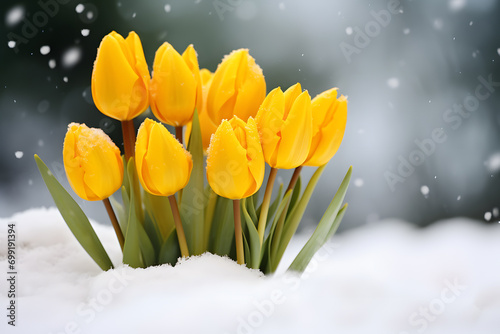 Bunch of yellow tulip spring flowers blooming between snow during late winter or early spring © Firn