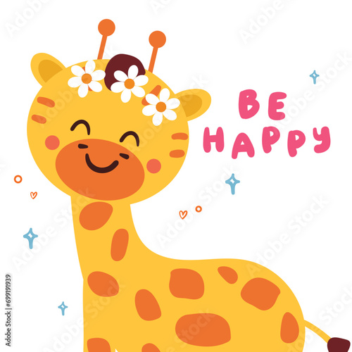 hand drawing cartoon giraffe with happy smile. cute drawing for card, wallpaper, background