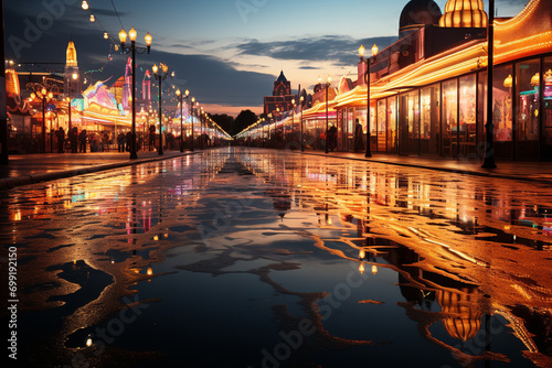 Travel and destination concept. Night city and wet reflective empty road or street background with copy space. Buildings illuminated with colorful lights. Festive mood photo