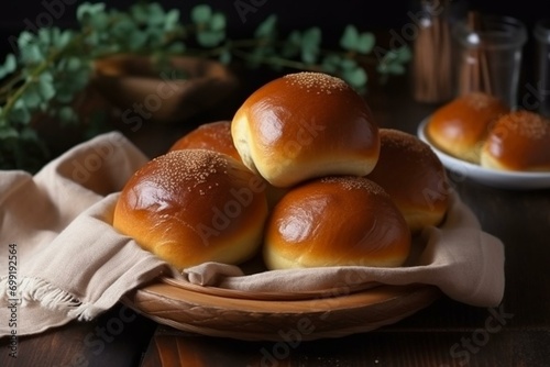 Delicious buns, homemade pastries, fluffy brioche with creamy filling. Generative AI photo