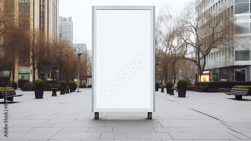 White vertical billboard with white mockup background. standing in the city. Generative Ai