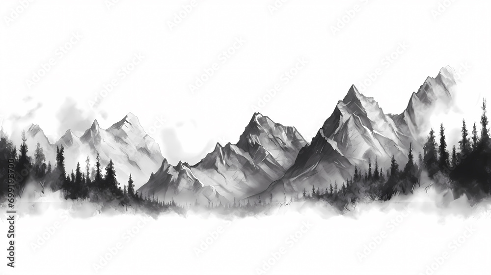 Black and white hand drawn pencil sketch of mountain scene with rocky ...