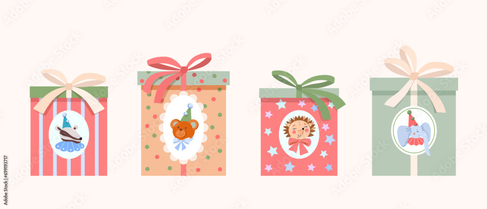 Four children's gifts, packed in cardboard boxes with lid, wrapped in wrapping paper, with bows tied, stickers with cute animal heads: teddy bear, elephant, raccoon, hedgehog. Vector illustration. 