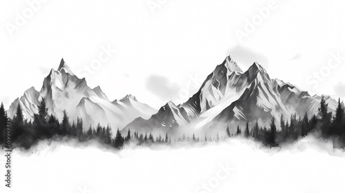 Black and white hand drawn pencil sketch of mountain scene with rocky peaks in graphic style on white background. Silhouette concept © ting