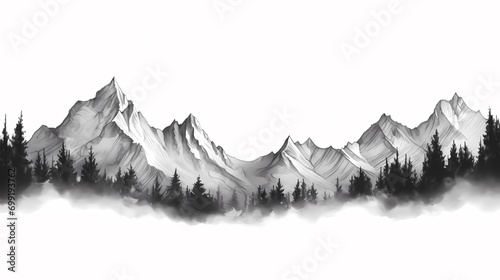 Black and white hand drawn pencil sketch of mountain scene with rocky peaks in graphic style on white background. Silhouette concept © ting