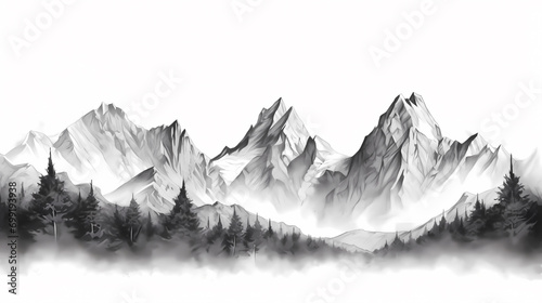 Black and white hand drawn pencil sketch of mountain scene with rocky peaks in graphic style on white background. Silhouette concept