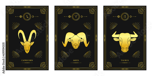 Zodiac astrology horoscope set. Celestial mystical zodiacal horoscope templates for logo, poster or card.