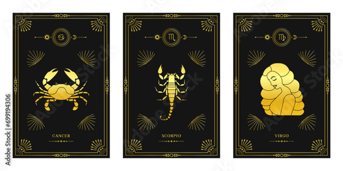 Zodiac astrology horoscope set. Celestial mystical zodiacal horoscope templates for logo, poster or card.