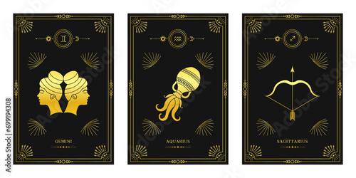 Zodiac astrology horoscope set. Celestial mystical zodiacal horoscope templates for logo, poster or card.