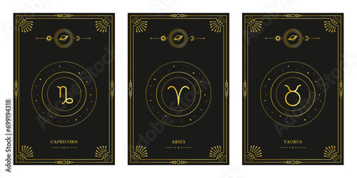 Zodiac astrology horoscope set. Celestial mystical zodiacal horoscope templates for logo, poster or card.
