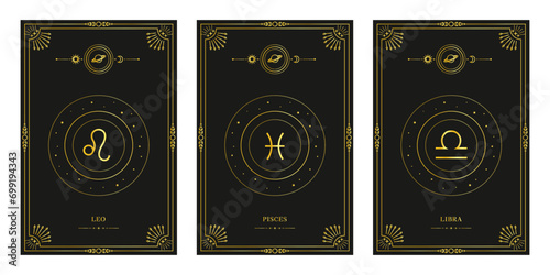 Zodiac astrology horoscope set. Celestial mystical zodiacal horoscope templates for logo, poster or card.