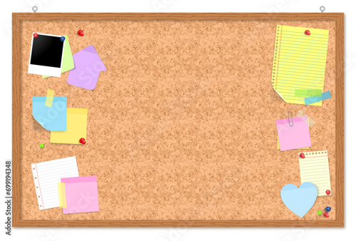 bulletin board cork board with post it notes rulled paper pohoto polaroid clip and pins