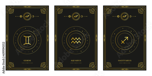 Zodiac astrology horoscope set. Celestial mystical zodiacal horoscope templates for logo, poster or card.