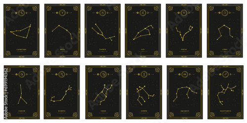 Celestial mystical zodiacal horoscope constellations. Zodiac astrology horoscope set.