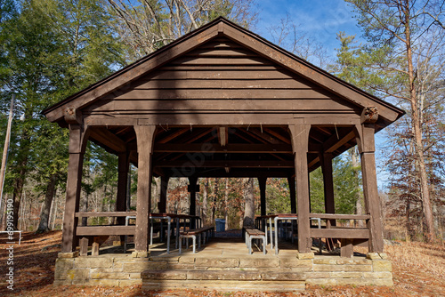 Rustic picnic shelter in a public park