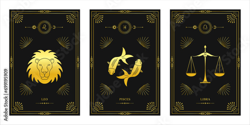 Zodiac astrology horoscope set. Celestial mystical zodiacal horoscope templates for logo, poster or card.