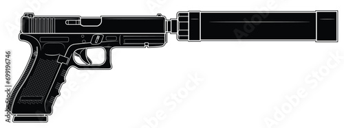 Vector illustration of the  automatic pistol with silencer on the white background. Black. Right side. photo