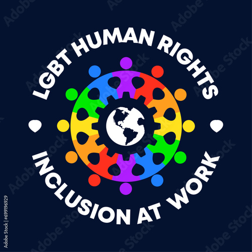 LGBT concept logo badge round.  Teamwork people forming a gear around of earth. Vector isolated on black background.