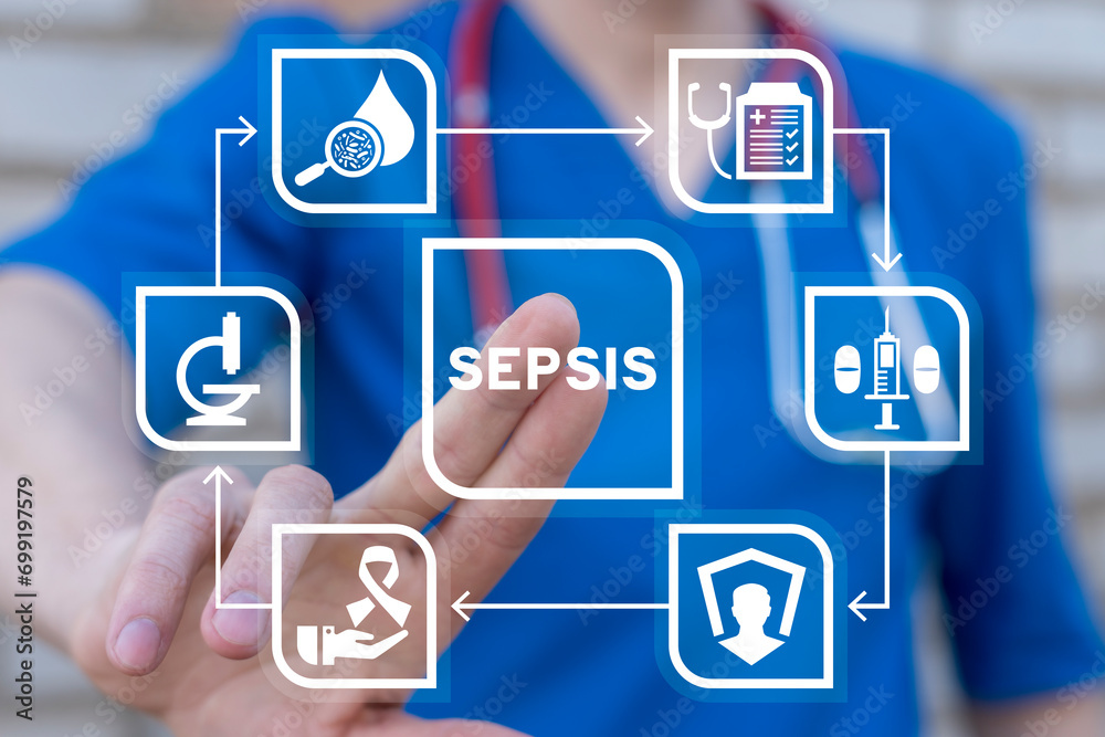 Doctor using virtual touch screen presses word: SEPSIS. Healthcare concept of sepsis. Medical health risk of pathogens. Sepsis Illness Disease Treatment And Diagnosis. Doctor using virtual touch screen presses word: SEPSIS. Healthcare concept of sepsis. Medical health risk of pathogens. Sepsis Illness Disease Treatment And Diagnosis.