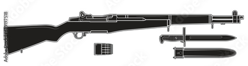 Vector illustration of the M1 Garand rifle and equipment such as a bayonet N1905, bayonet sheath and cartridge clip on the white background. Black. Right side. photo