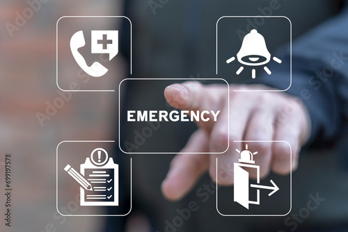 Man using virtual touch screen presses button with word: EMERGENCY. Business emergency plan concept. Checklist to do in disaster, continue business and build resilience concept.