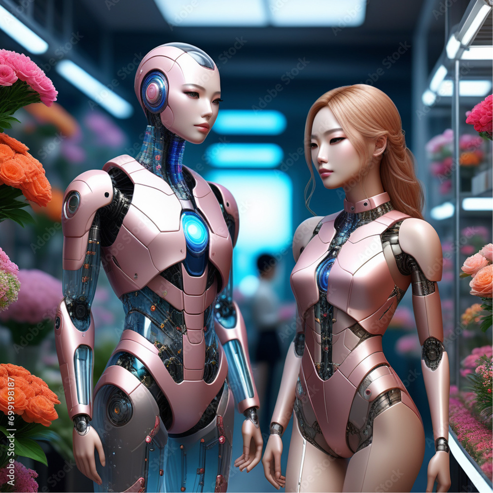 Robot girls in flower shop Robot girls in flower shop