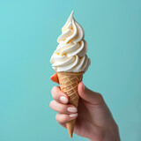 Vanilla Flavor Ice Cream soft serve in crispy cone with hand holding