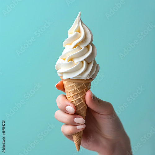 Vanilla Flavor Ice Cream soft serve in crispy cone with hand holding