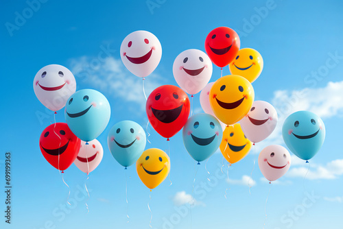 Generative AI image of colorful, smiling balloon characters with cute faces, isolated on a sky blue background , generative ai, generative , ai,