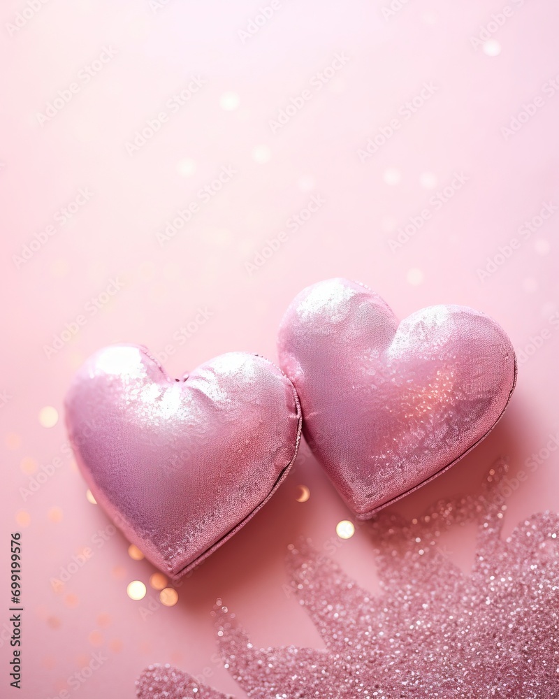 Two Soft Pink Hearts With Lace On pink Glitter Background With Sparkles, copy space - generative ai