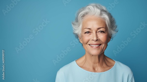 Portrait of smiling senior woman looking at camera isolated on blue background