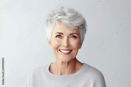Portrait cute elderly woman on gray monotone background. Beautiful well-groomed elderly woman smiling. Concept of healthy lifestyle of elderly women. Close-up. Copy space.