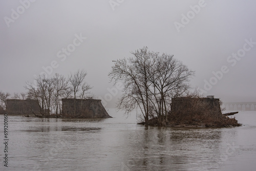 Three Piers from the Wrightsville-Columbia CoveredBridge on a Foggy Winter Afternoon, Pennsylvania USA photo