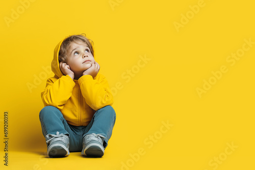 Portrait of a little boy in a yellow hoodie and blue jeans on a yellow background with copy space for text.