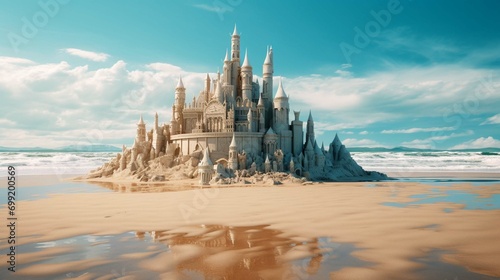 Sandcastle sculpture built at the beach in vacation summer
