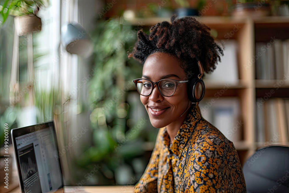 Image generated with AI. Beautiful female freelancer speaking in an online video conference with microphone headset and laptop on an office desk or desk Image generated with AI. Beautiful female freelancer speaking in an online video conference with microphone headset and laptop on an office desk or desk