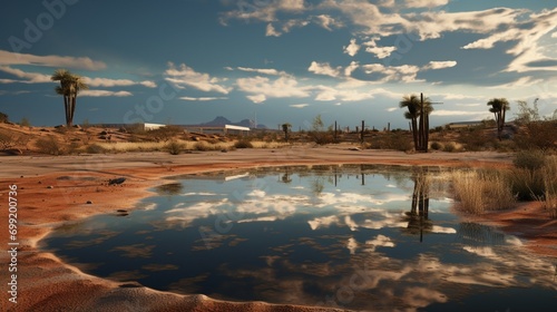 The aftermath of a desert rainstorm, with fresh pools reflecting the sky.
