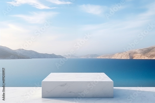 White marble podium on ocean background. Free space for the advertised product.