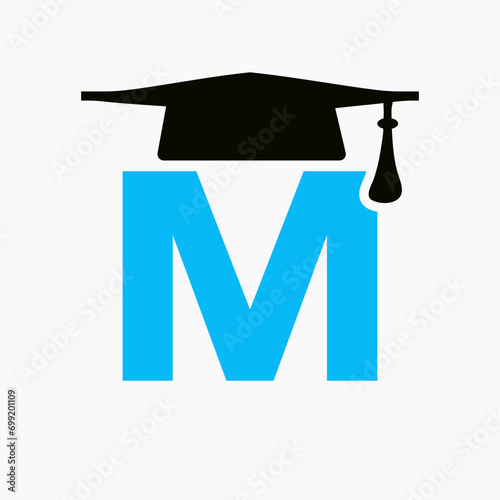 Education Logo On Letter M With Graduation Hat Icon. Study Symbol